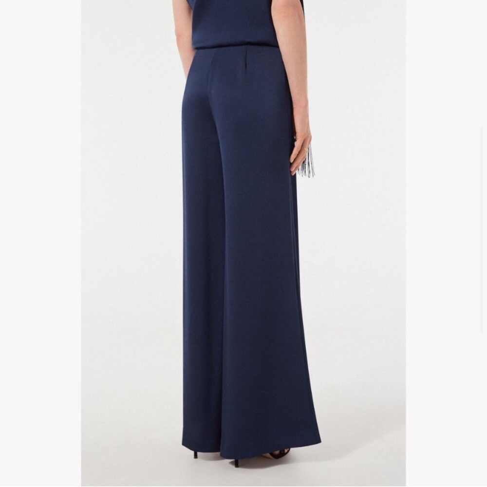 CH Carolina Herrera Navy Wide Leg Pants Trousers Satin Crepe Logo Insignia SZ 6